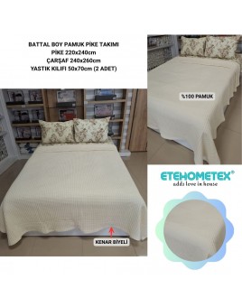 ETEHOMETEX ÇİFT KİŞİLİK HAVUZLU PİKE TAKIMI KREM ÇİÇEKLİ 8696474231927